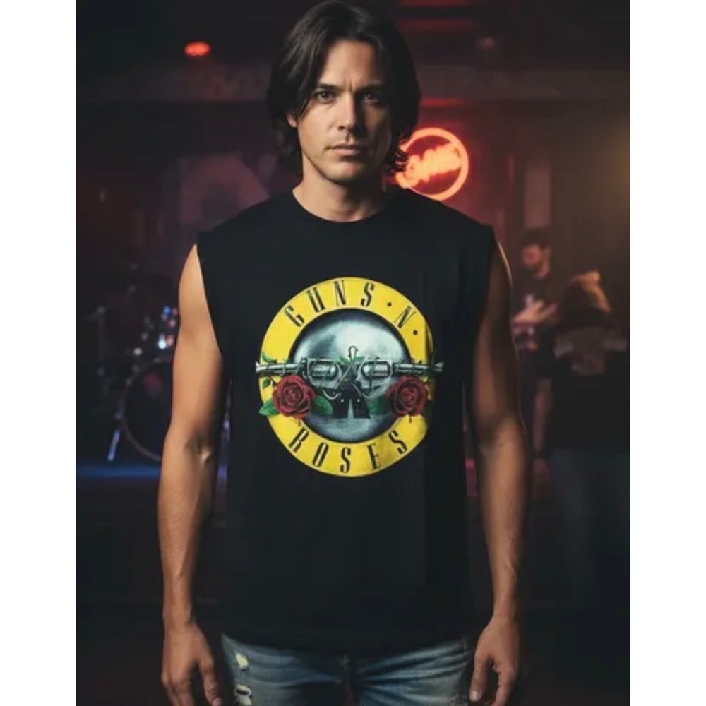 Guns N Roses Men Graphic Muscle Tee Y2K Punk Cotton Sleeveless Band Black Tank L